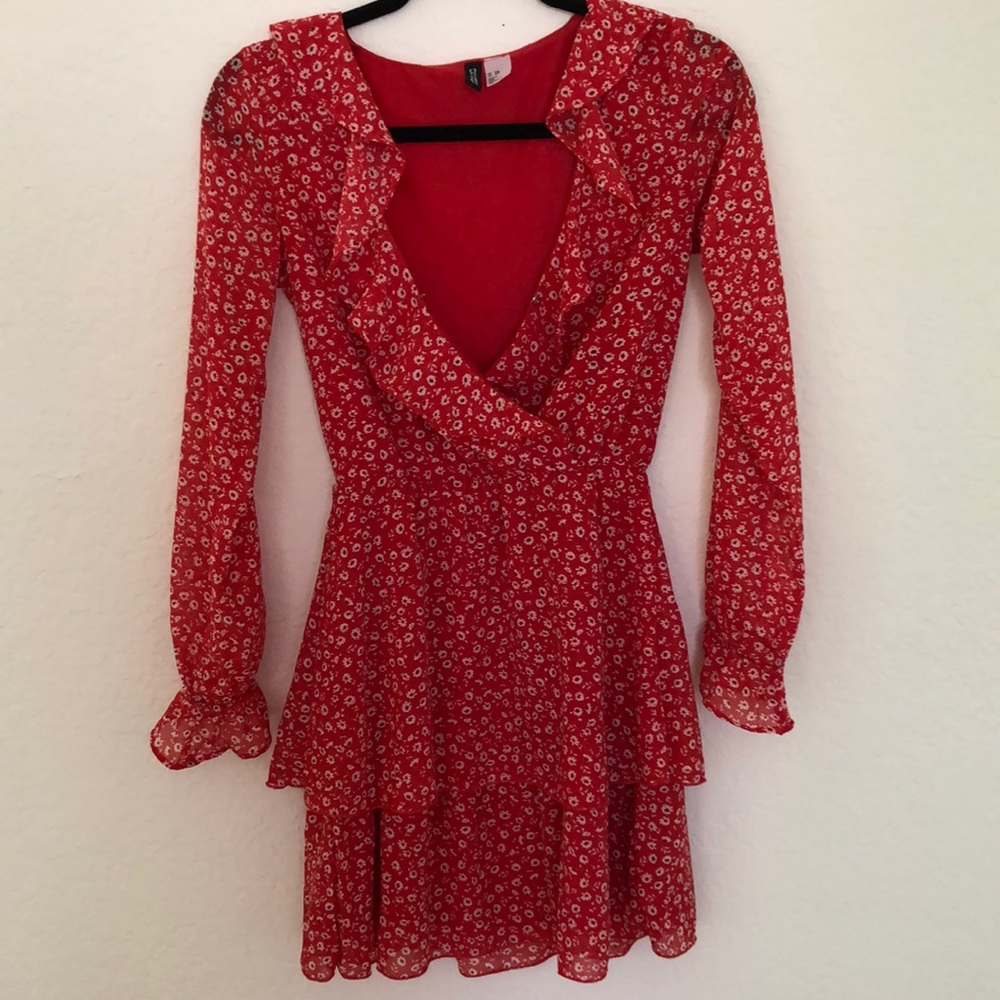 H&M red floral long sleeve dress, ruffle detail